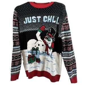 Ugly Christmas Sweater Mens L Snowman "Just Chill" Black Red Blue Knit Party
